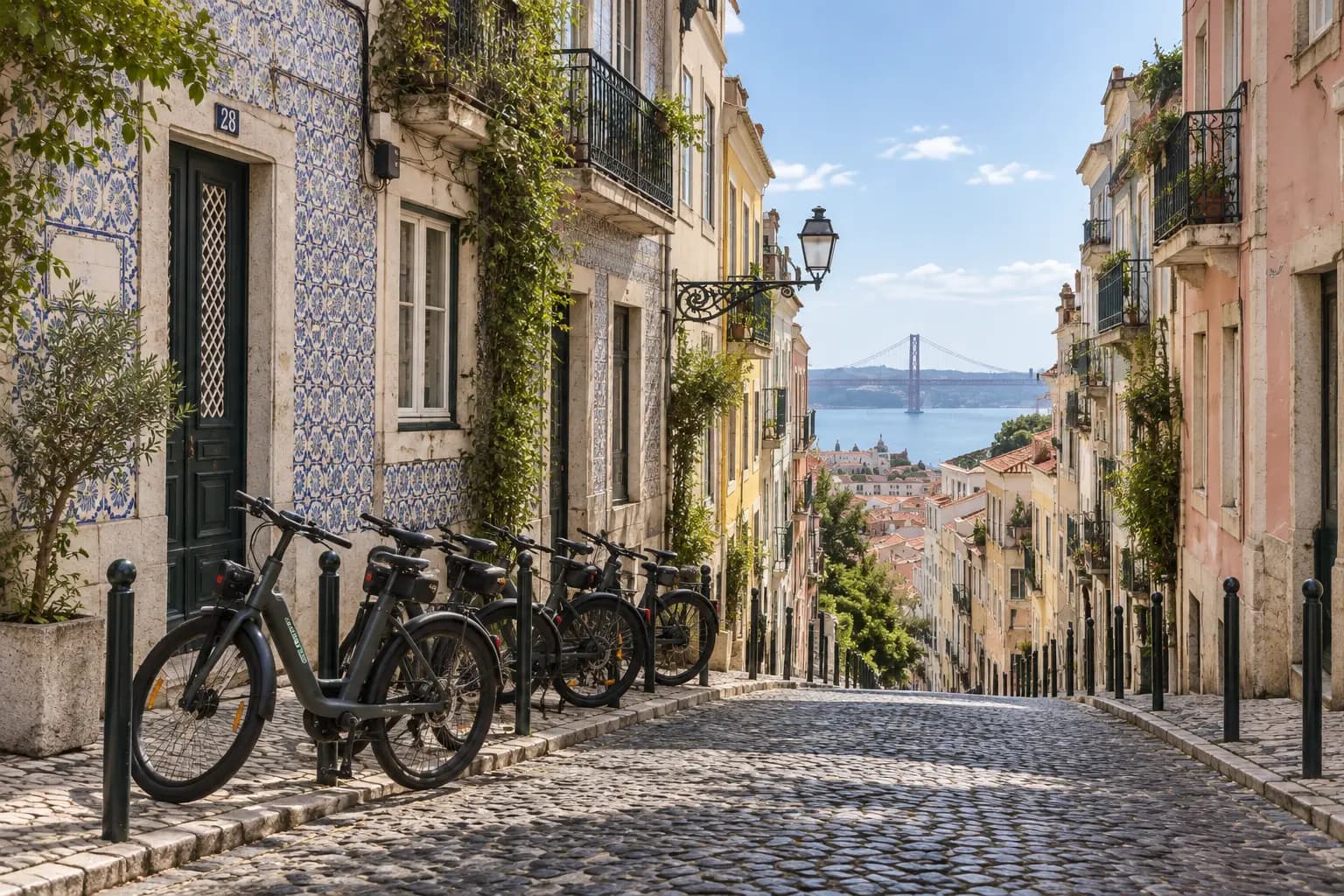 Cyclists on electric bikes pausing at a tiled viewpoint above the rooftops of Alfama in Lisbon