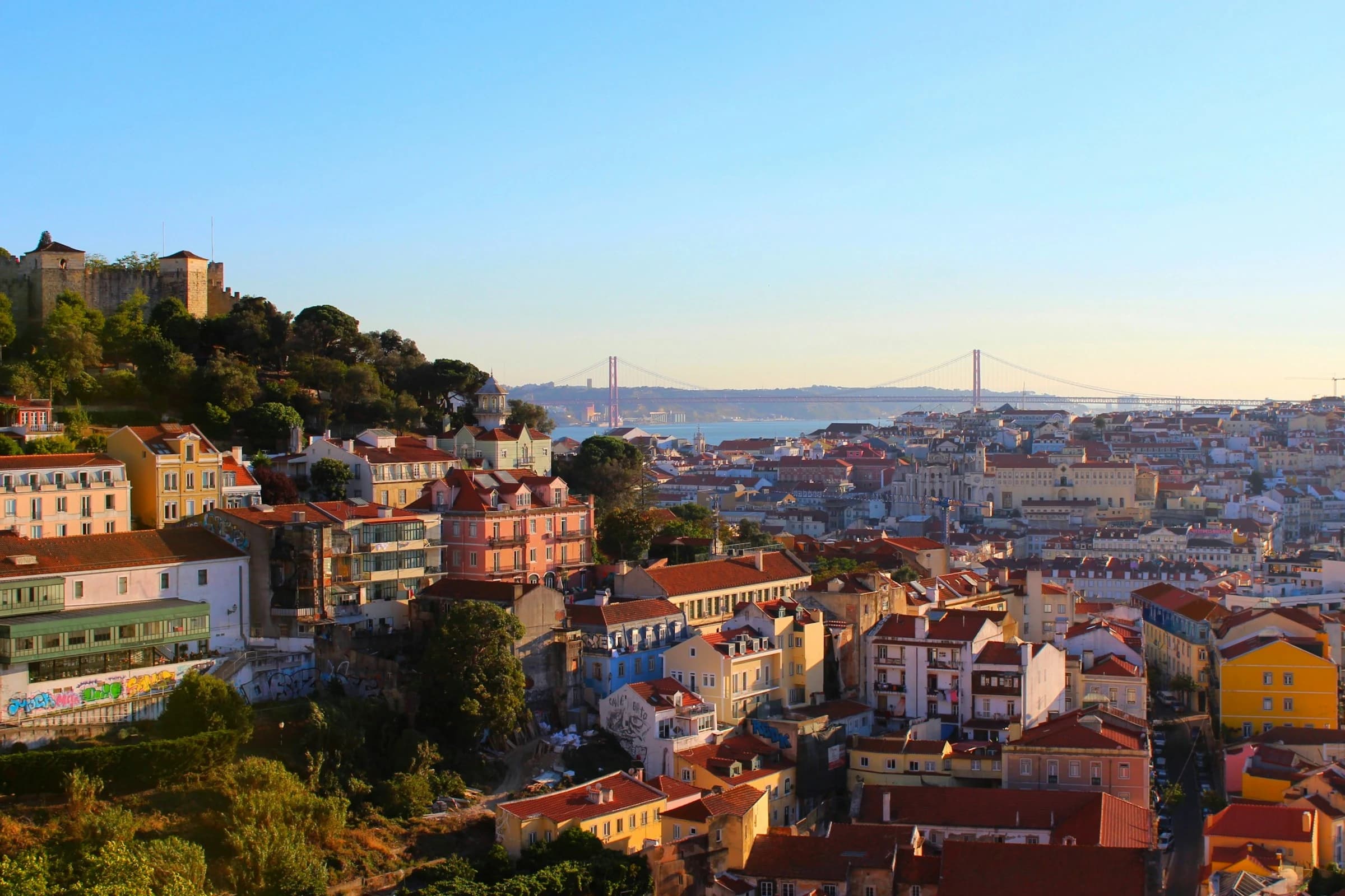 Winter light over the rooftops of Alfama and the Tagus River from a Lisbon viewpoint in January
