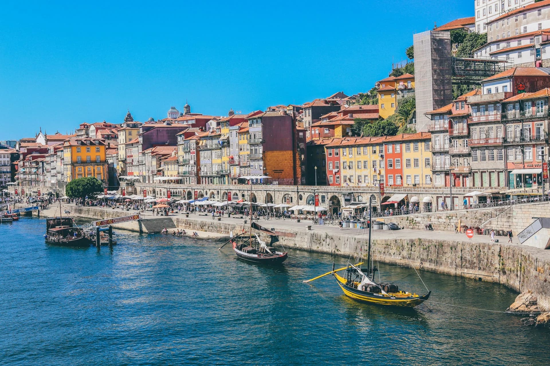 Colourful houses above the Douro river in Porto's Ribeira district seen from across the water